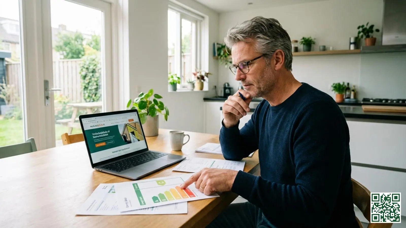 Huiseigenaar bekijkt energielabel en isolatieplannen aan de keukentafel met laptop