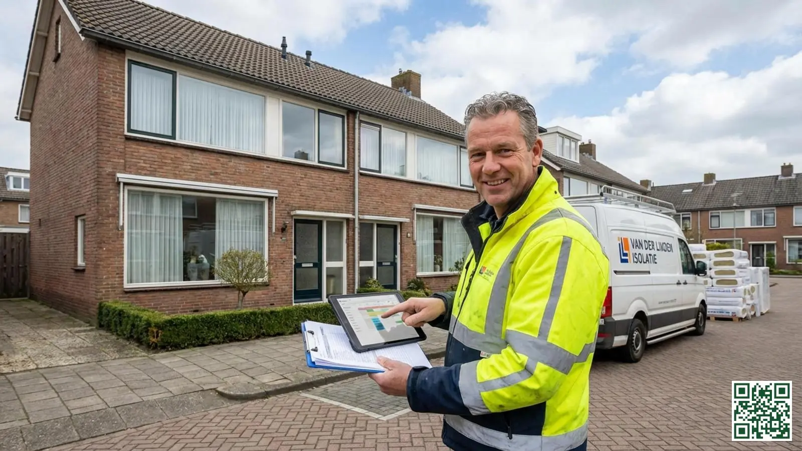 Isolatiemonteur plant werkzaamheden voor een Nederlandse woning met klembord in de hand