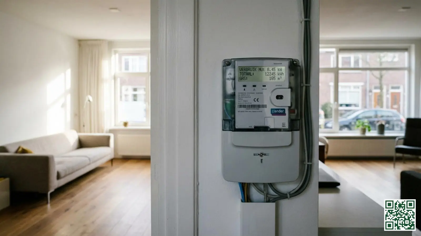 Moderne digitale energiemeter in een Nederlandse woning toont energieverbruik en mogelijke besparing door isolatie