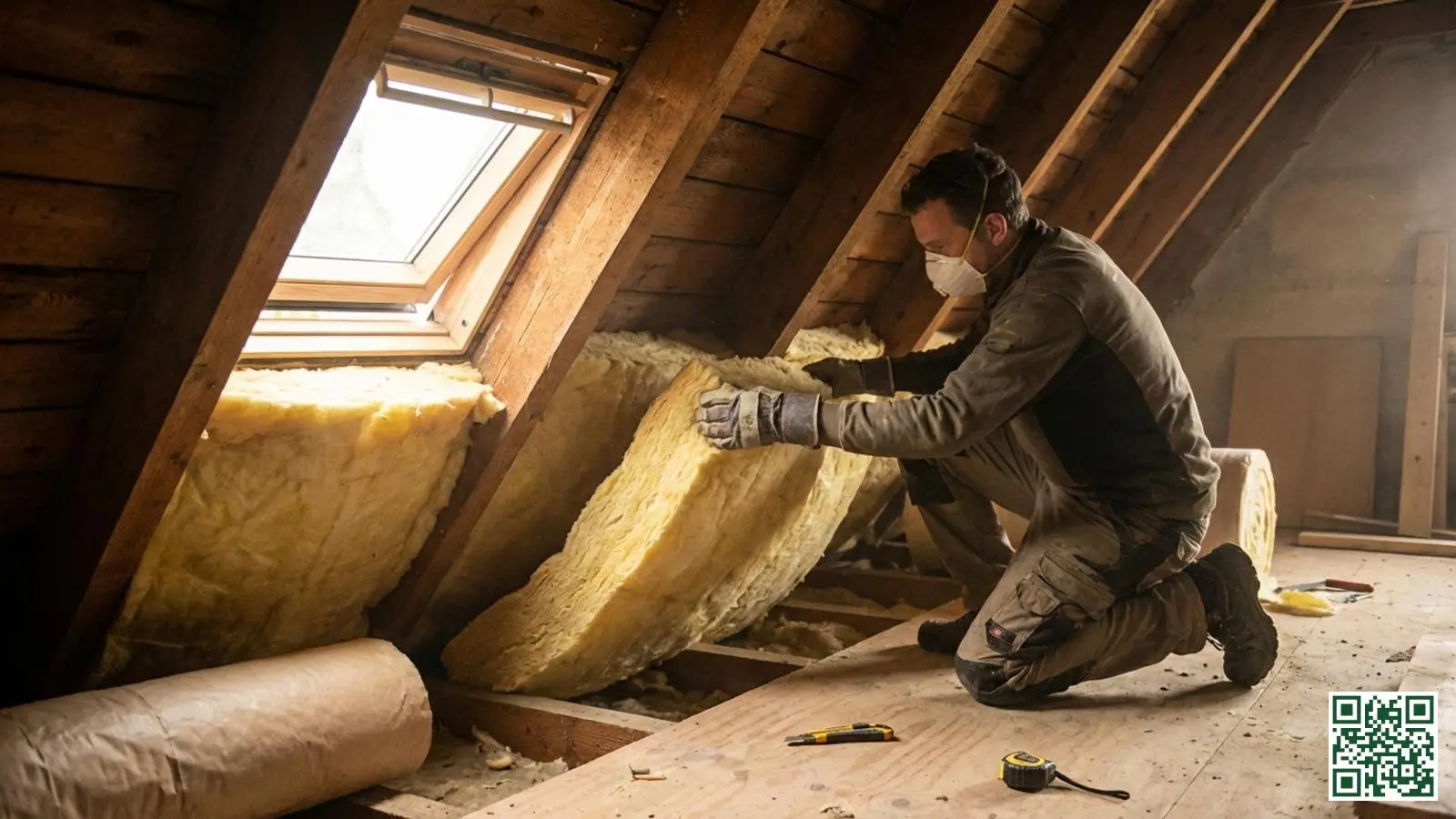 Vakman installeert minerale wol isolatie tussen dakbalken in een Nederlandse zolderruimte met natuurlijk daglicht