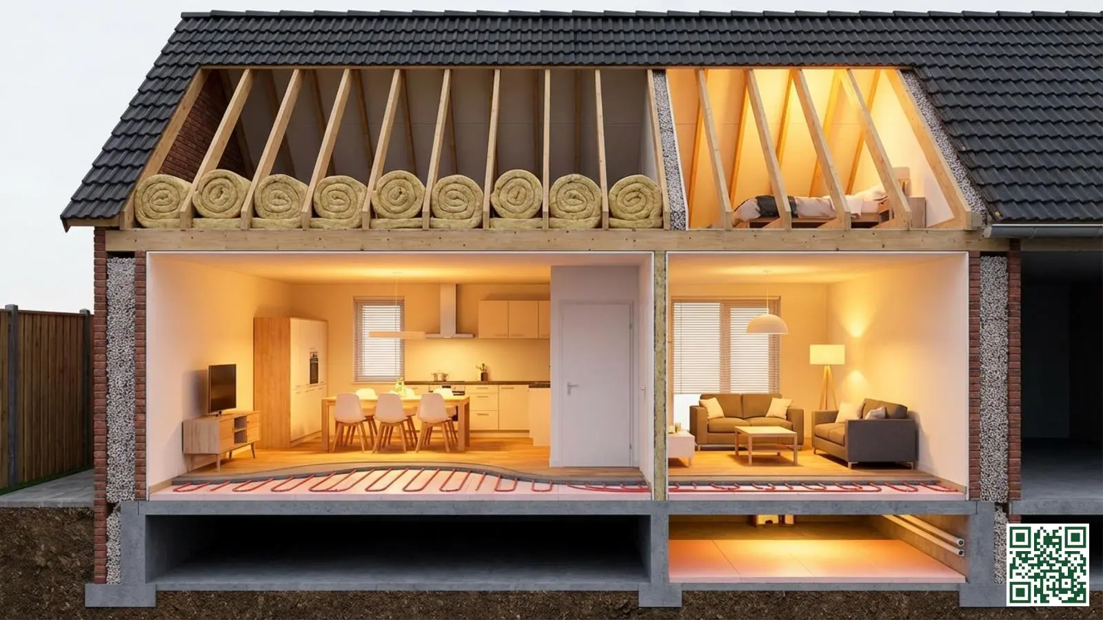 Doorsnede van een Nederlandse woning met zichtbare isolatie in dak, muren en vloer voor compleet isolatieoverzicht