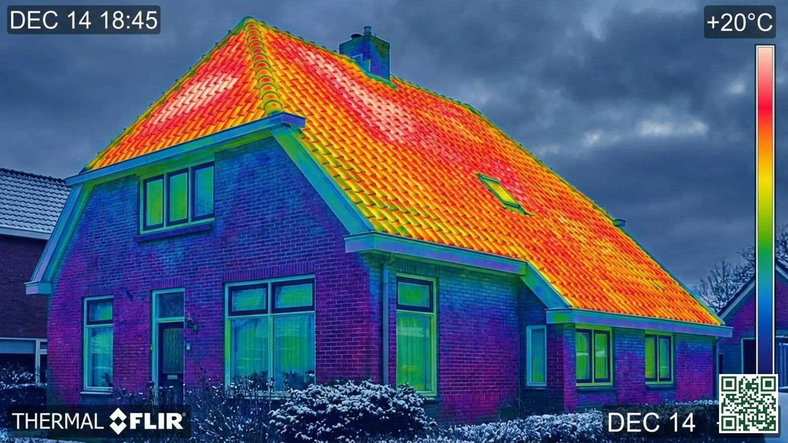 Warmtebeeld van Nederlandse woning toont rood en geel warmteverlies via het ongeïsoleerde dak
