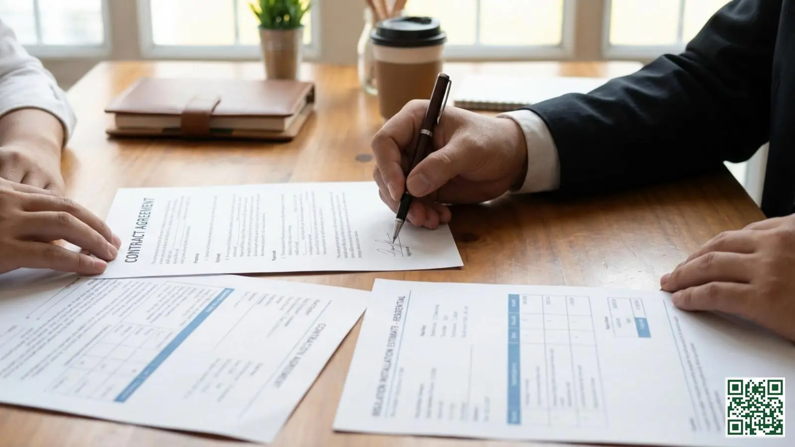 Handen ondertekenen een contract voor dakisolatie met officiële documenten en offertes op de tafel