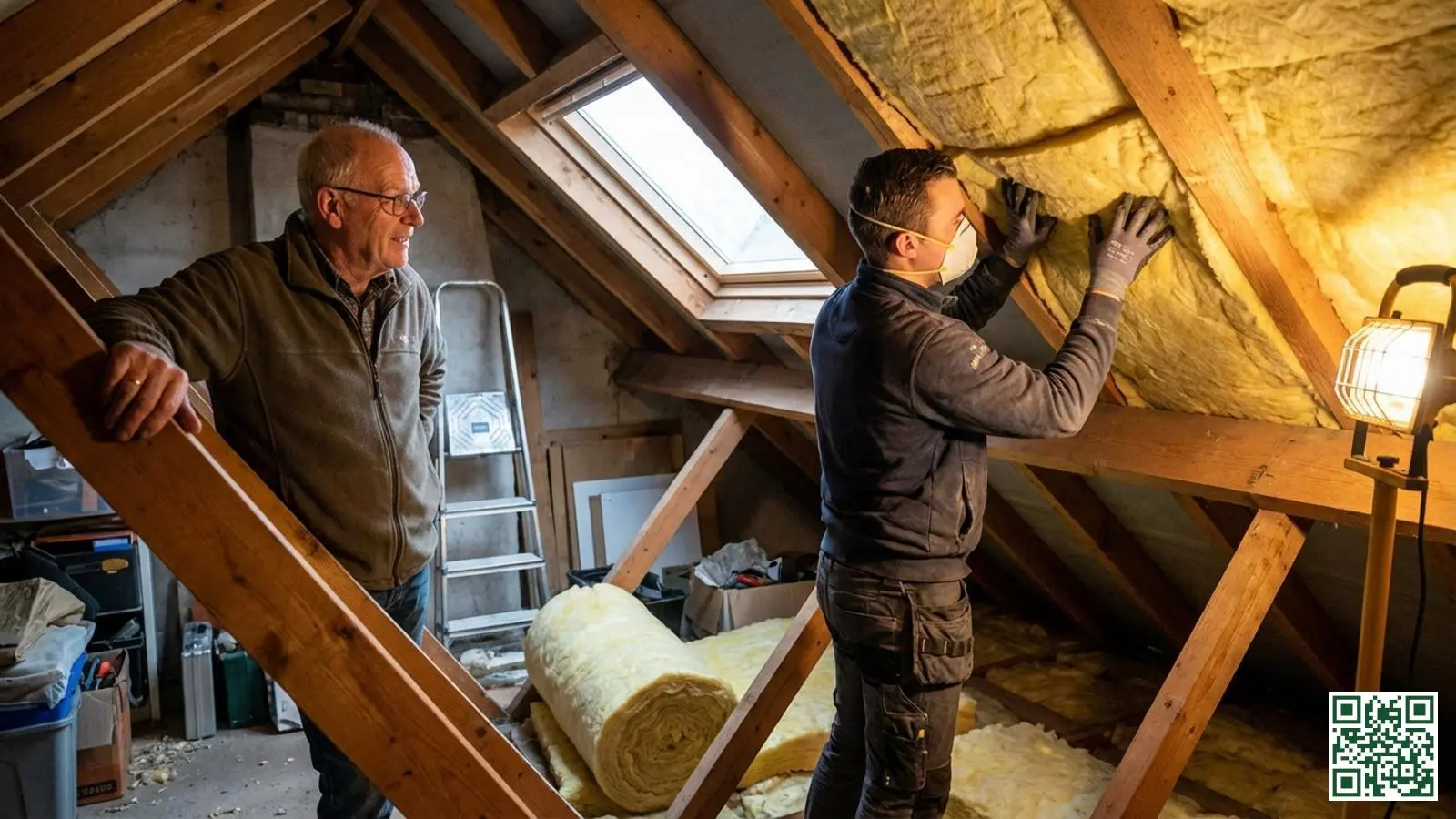 Huiseigenaar kijkt toe hoe een vakman isolatiemateriaal plaatst tussen de dakspanten op zolder