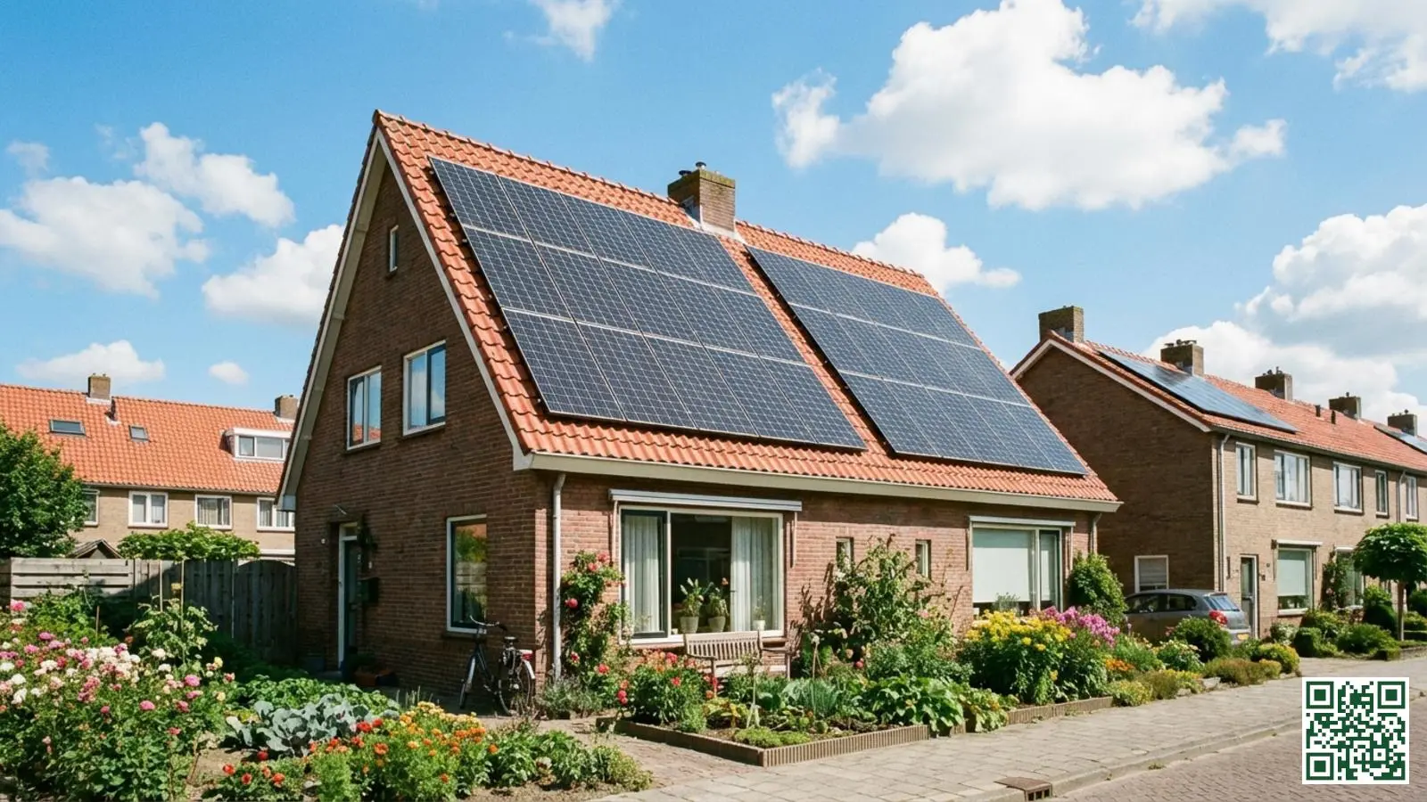 Zonnepanelen op het goed geïsoleerde dak van een duurzame Nederlandse gezinswoning