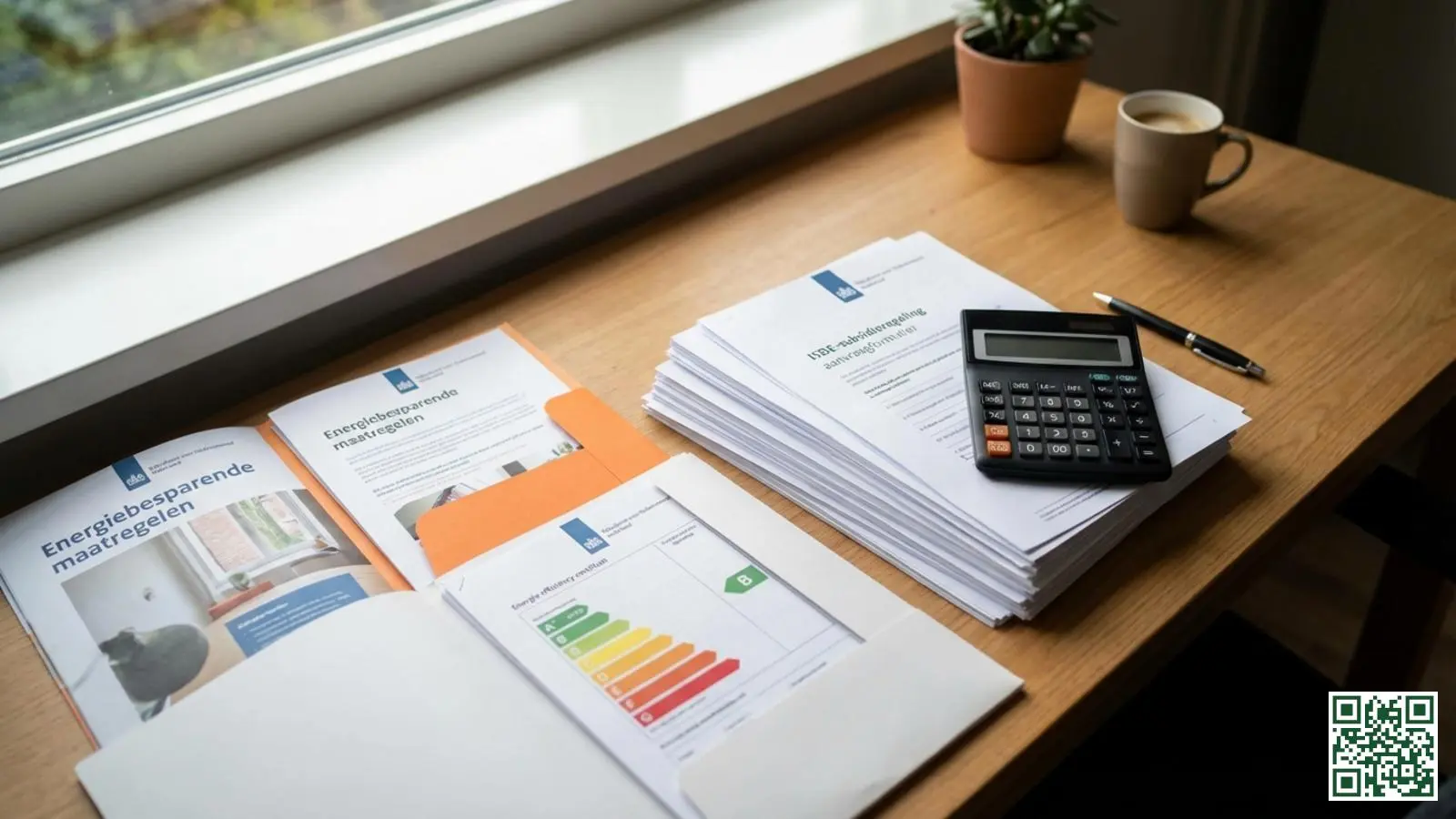 Documenten en formulieren voor ISDE-subsidie aanvraag voor dakisolatie op een bureau met rekenmachine