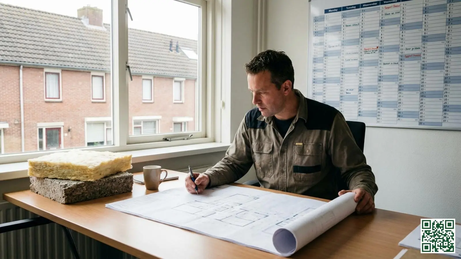Vakman bekijkt planning voor dakisolatie werkzaamheden met kalender en isolatiemonsters op bureau
