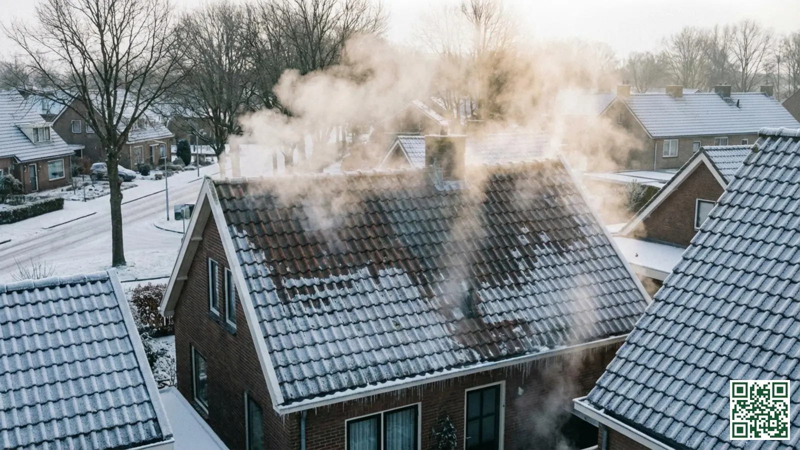 Warmte ontsnapt als stoom uit een ongeïsoleerd dak van een Nederlandse woning op een koude winterdag