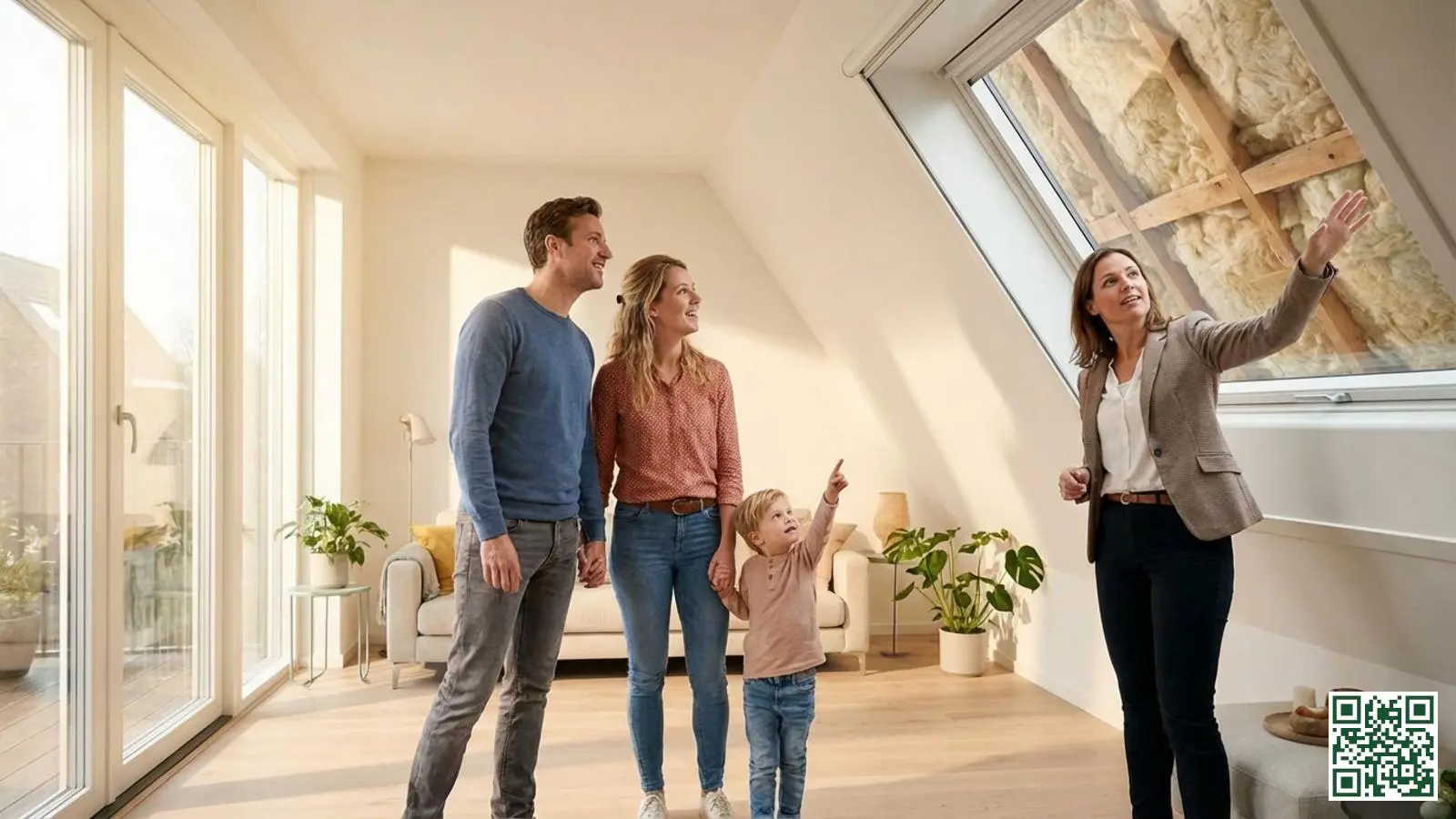 Makelaar geeft rondleiding aan een gezin in een lichte woonkamer met zichtbare dakisolatie door het dakraam