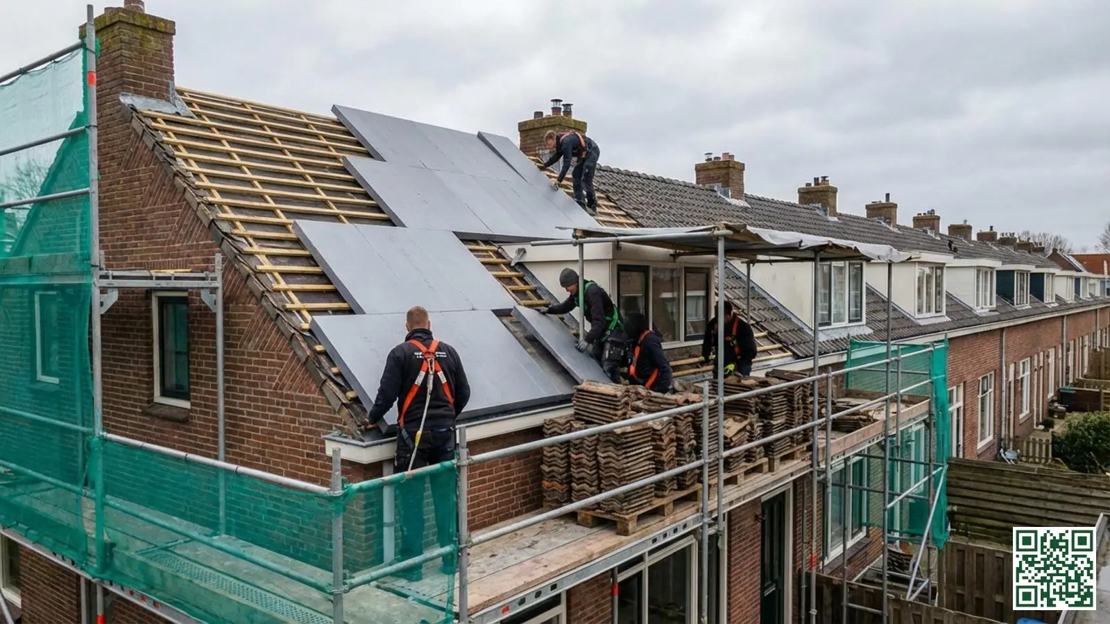 Dakdekkers plaatsen isolatieplaten tijdens een dakvernieuwing van een Nederlandse rijtjeswoning met steiger