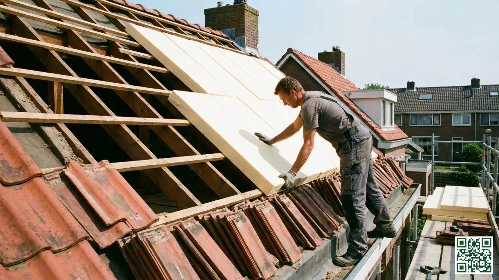 Buitenisolatie met stijve isolatieplaten bovenop de daksporen van een schuin dak tijdens renovatie