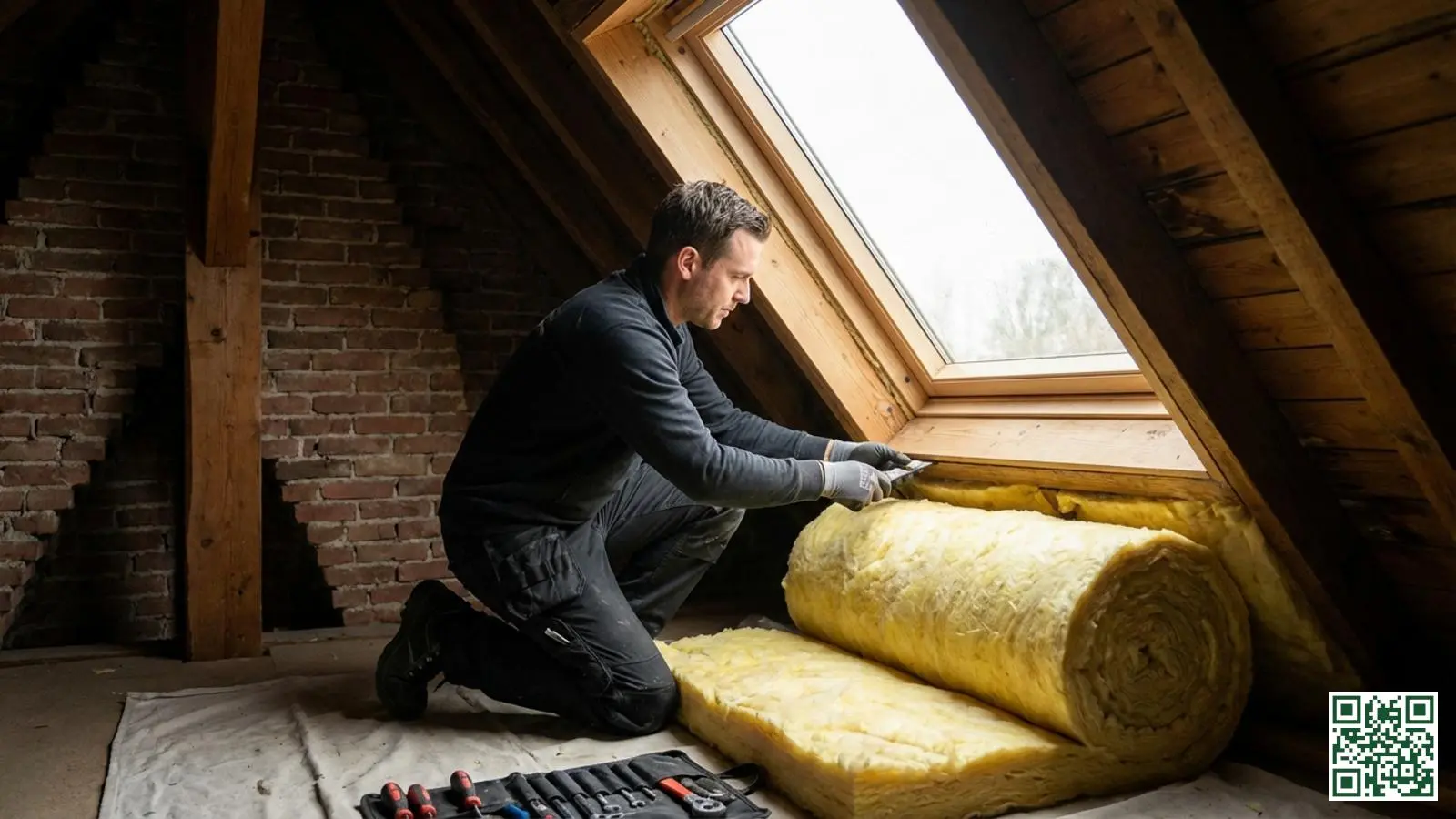 Vakman controleert de aansluiting van isolatiemateriaal rondom een dakraam op een zolder