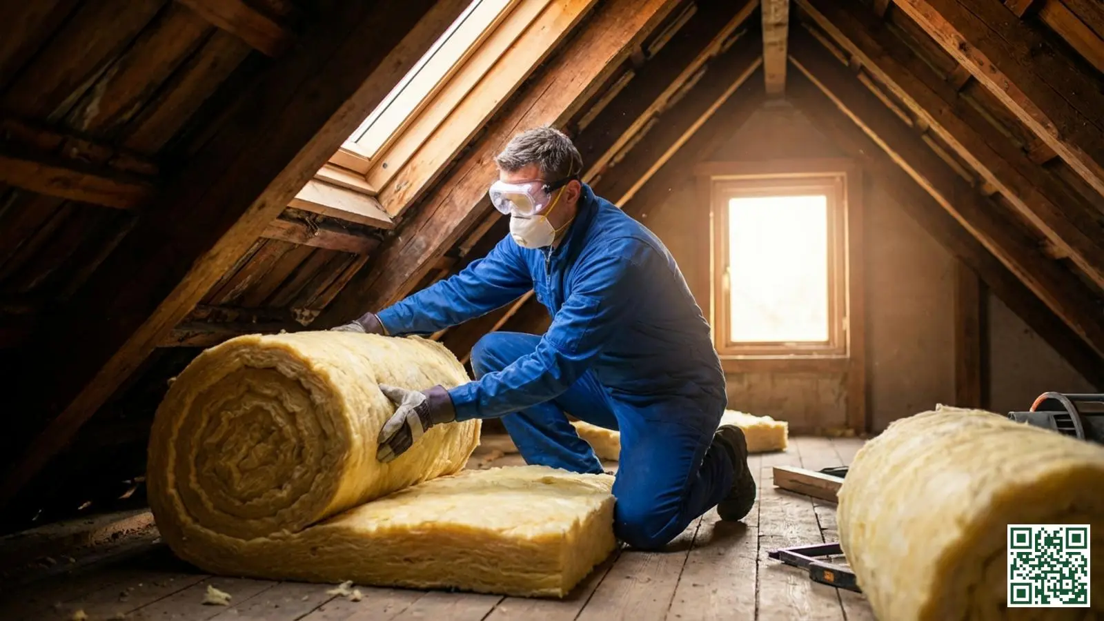 Professionele vakman plaatst minerale wol isolatie tussen dakbalken in Nederlandse zolderruimte