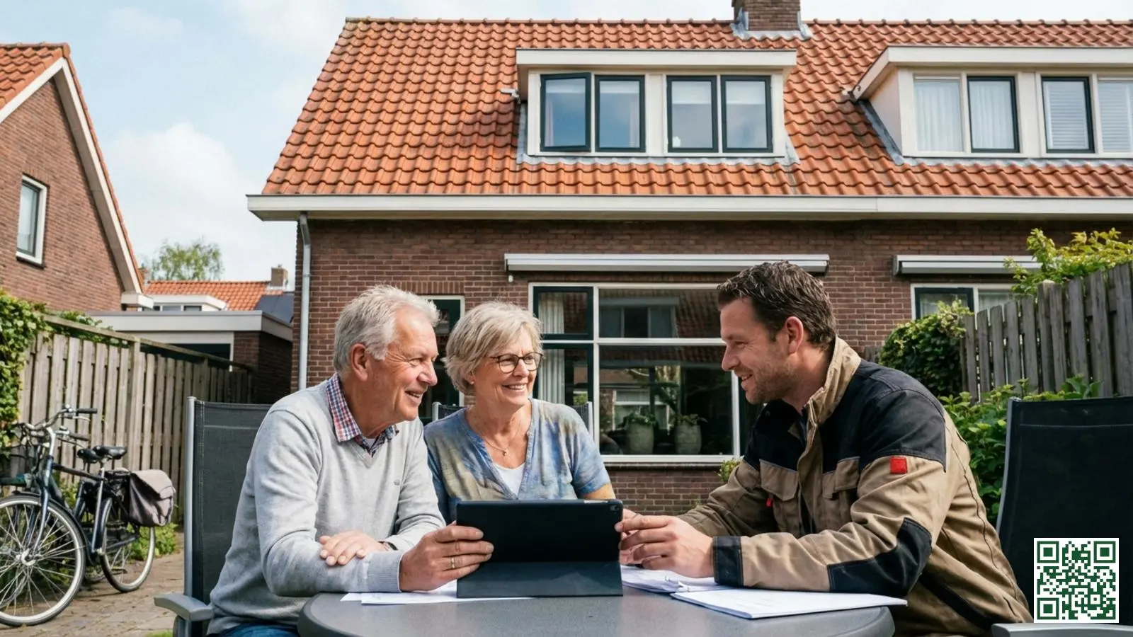 Huiseigenaren in gesprek met een installateur over gecombineerd dakisolatie en zonnepanelen project