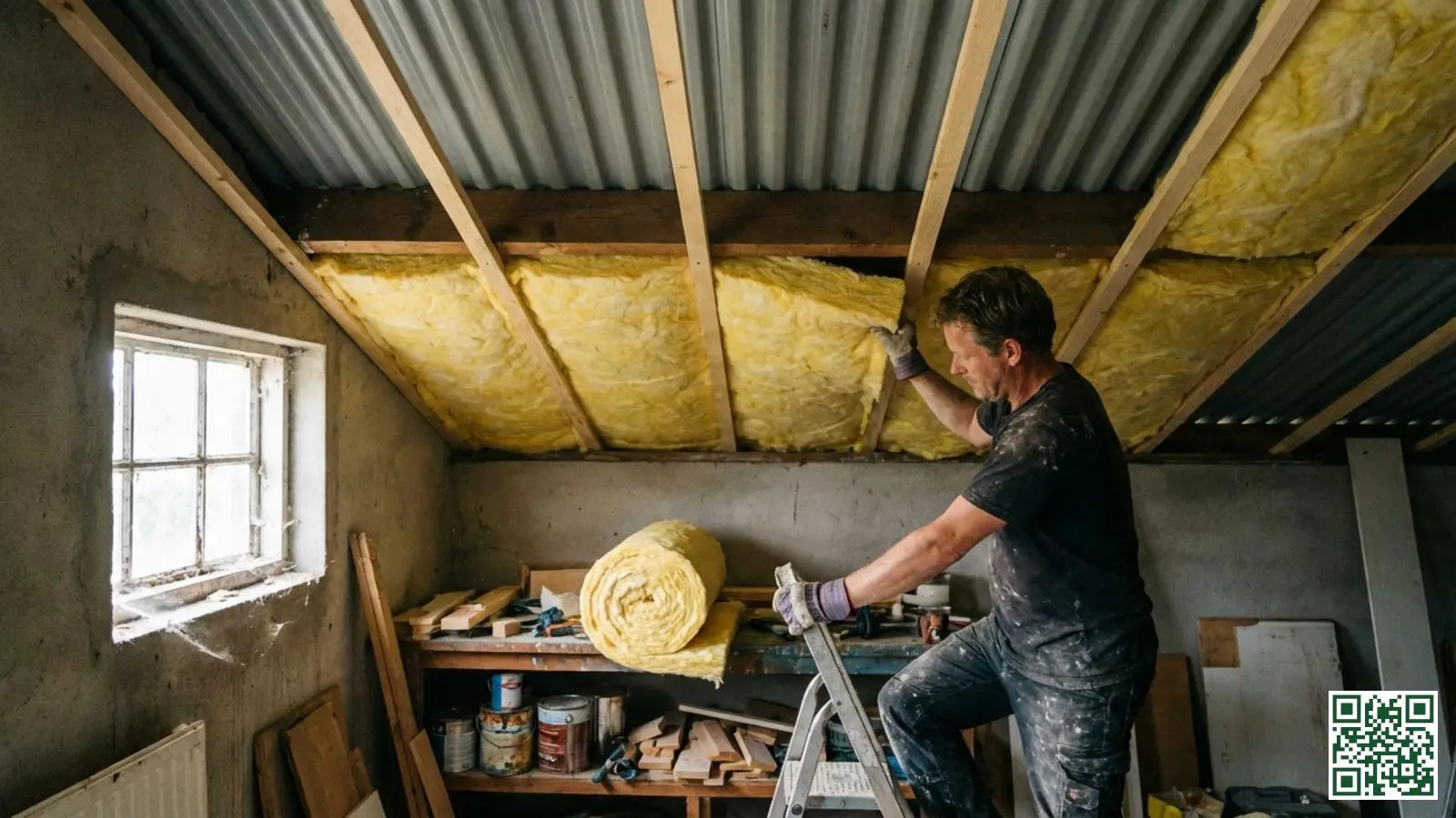 Isolatie van minerale wol wordt geïnstalleerd onder golfplaten dak in Nederlandse garage of werkplaats