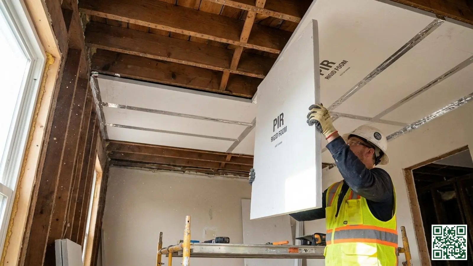 Installateur plaatst witte PIR isolatieplaten tegen de onderzijde van een platte dakconstructie