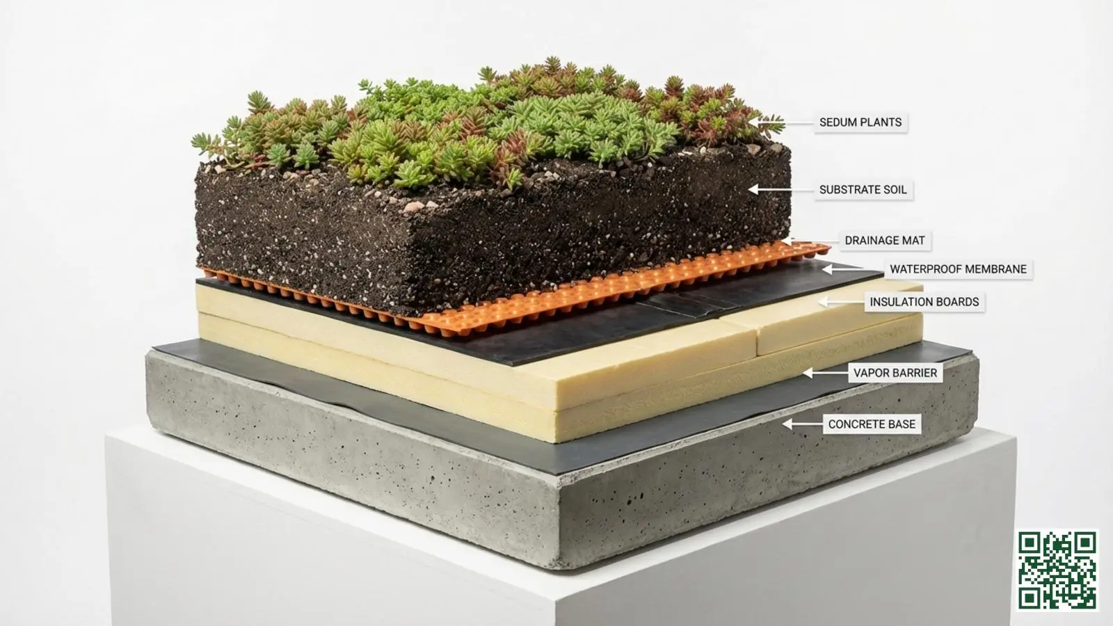 Dwarsdoorsnede van een groendak met zichtbare isolatielagen drainage en sedum beplanting