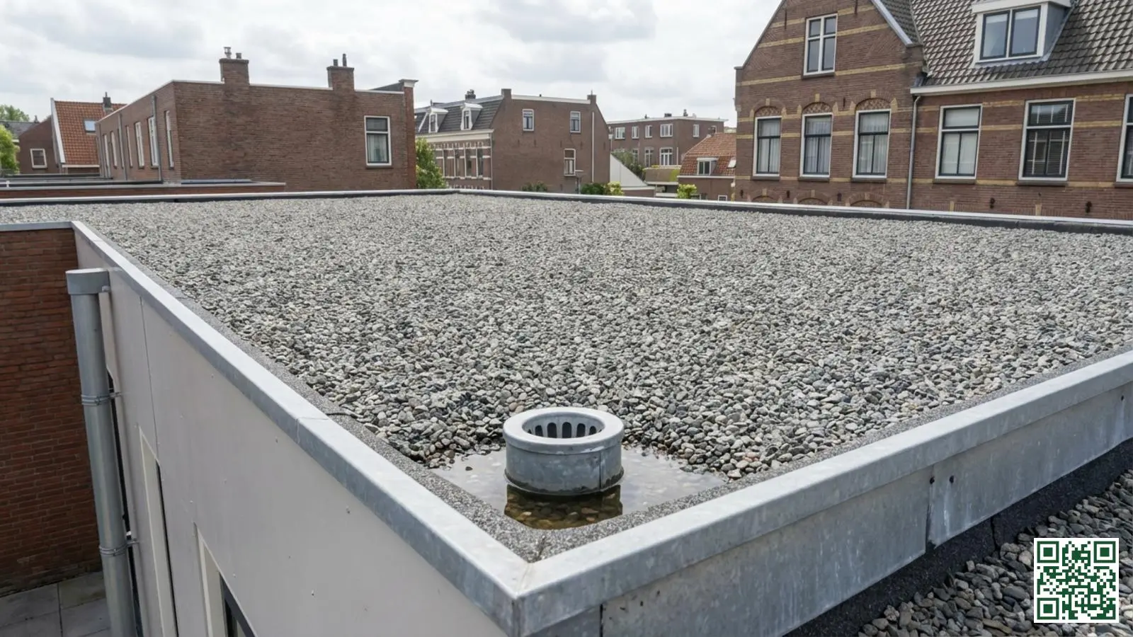 Waterafvoerpunt op een plat dak met grindballast en afschot richting de dakafvoer