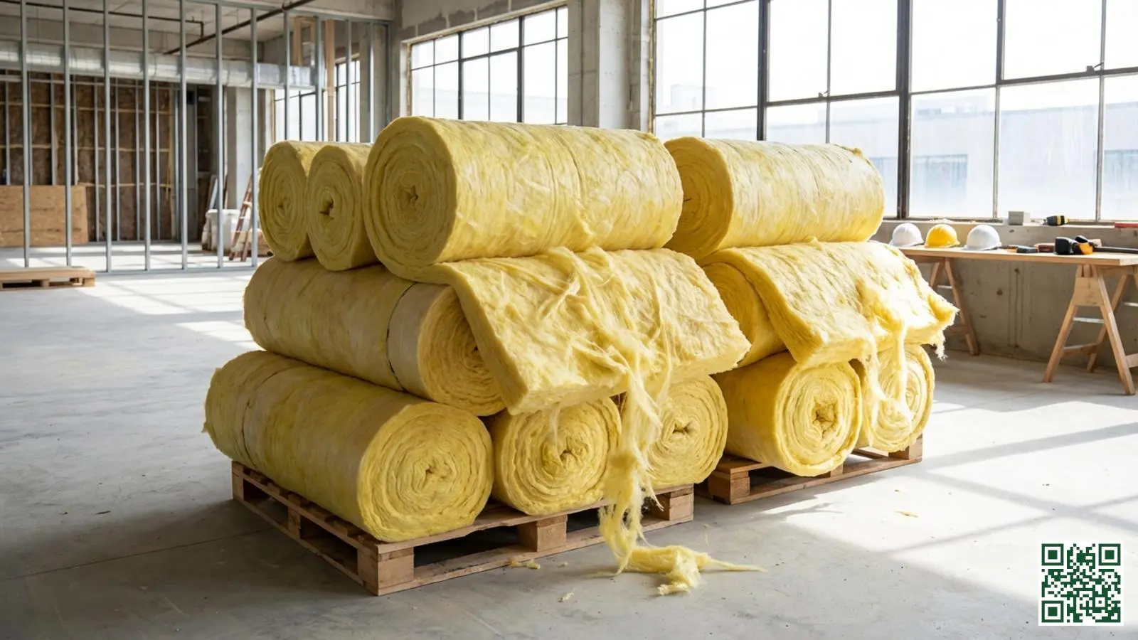 Gestapelde rollen gele glaswol isolatie klaar voor plaatsing tussen dakbalken