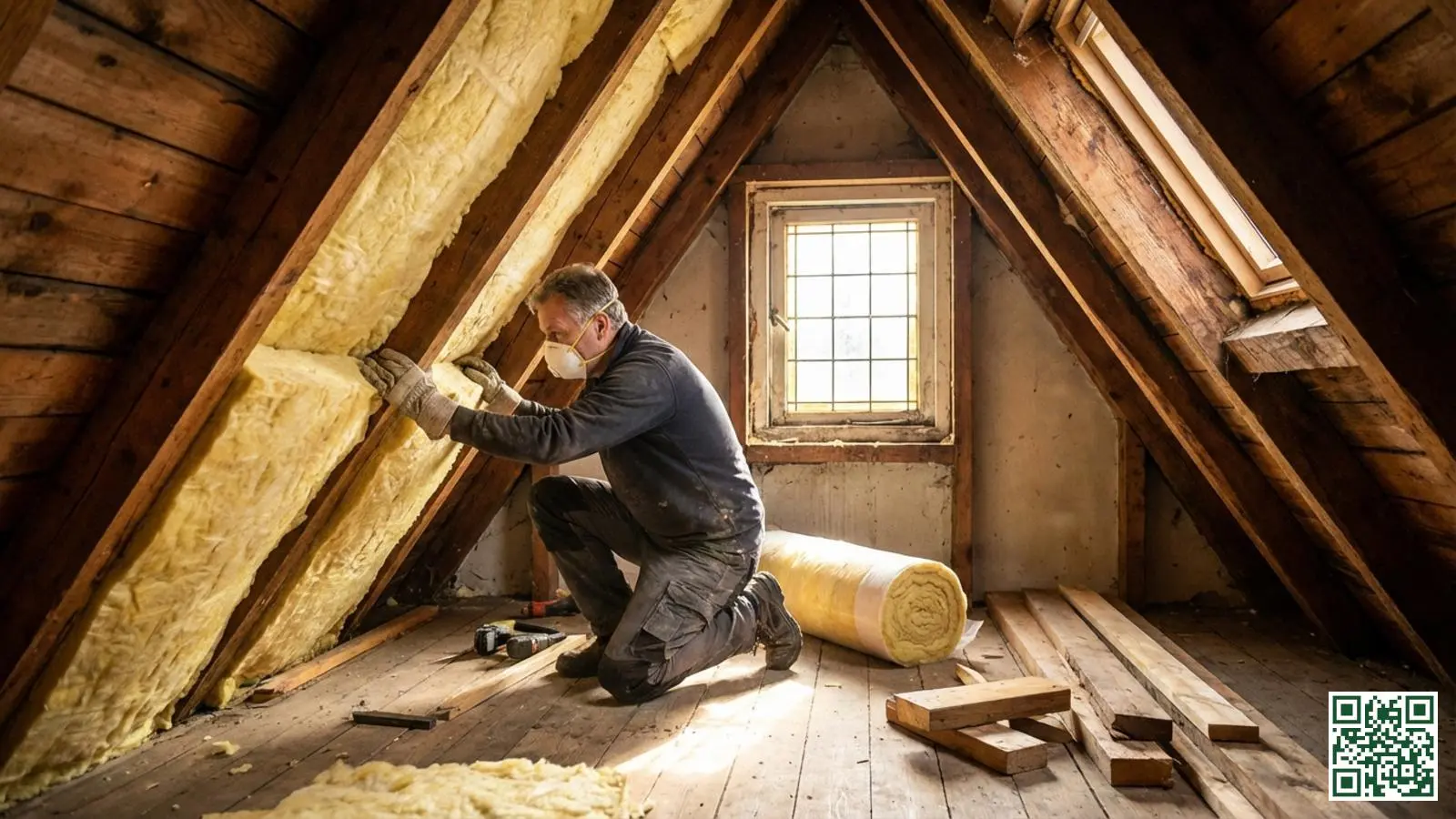Vakman plaatst gele minerale wol isolatie tussen houten dakbalken in een Nederlandse zolderruimte