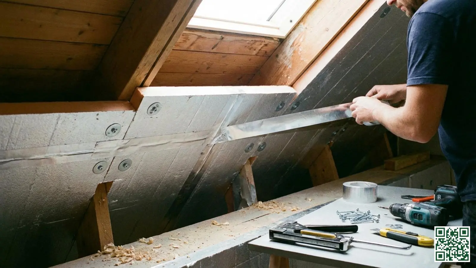 Close-up van de montage van PIR isolatieplaten met aluminium tape afwerking op de naden tussen de platen