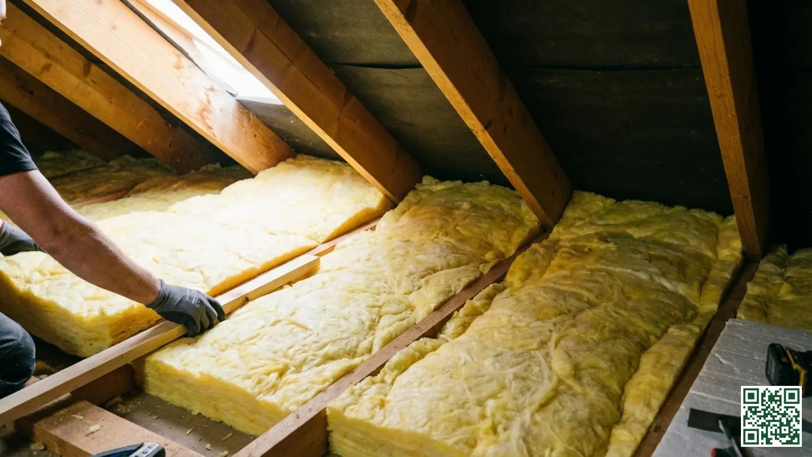 Dakisolatie met minerale wol en zichtbare ventilatiespouw tussen de isolatie en het onderdak