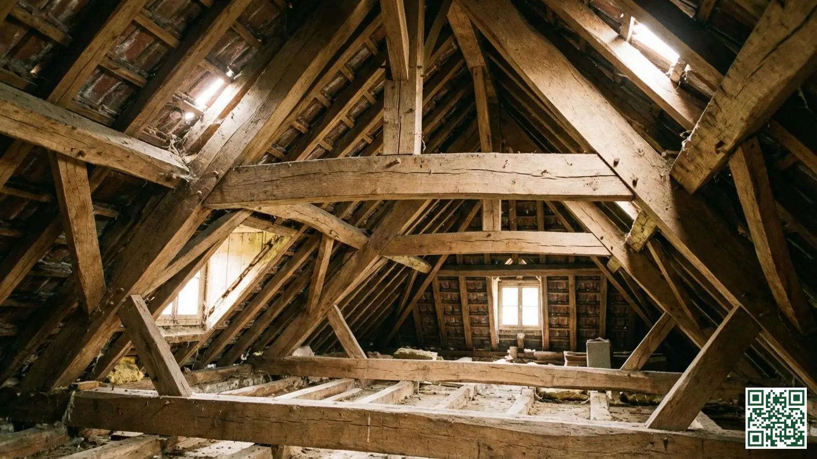 Houten dakspanten en balken gezien vanaf de binnenzijde van een zolderruimte met zichtbare dakconstructie