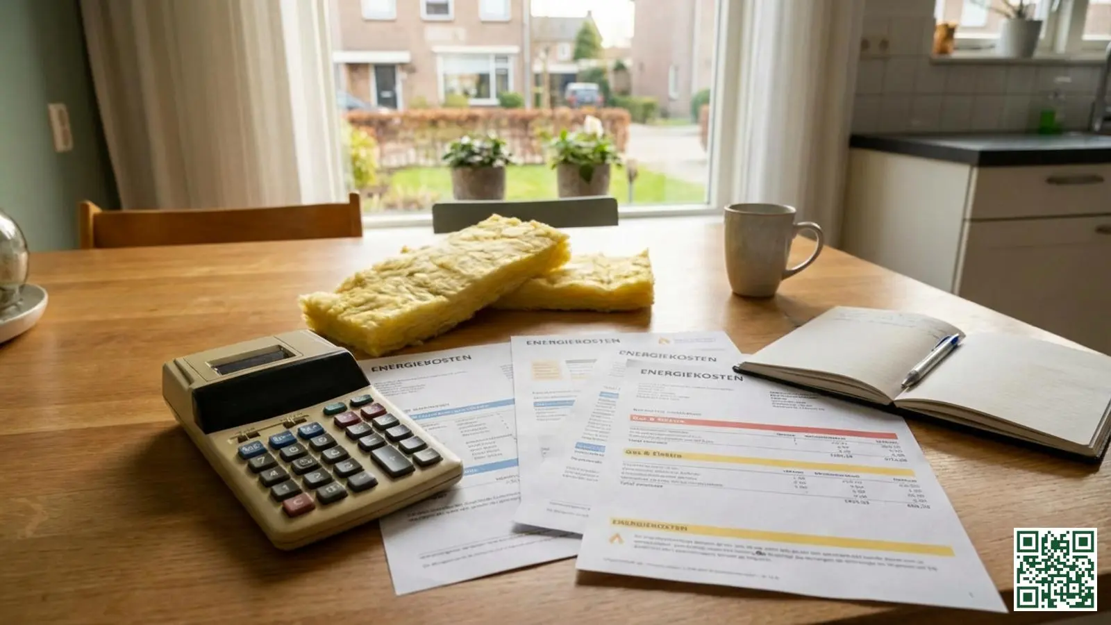 Rekenmachine en energierekening op keukentafel met isolatiemateriaal op de achtergrond voor kostenberekening