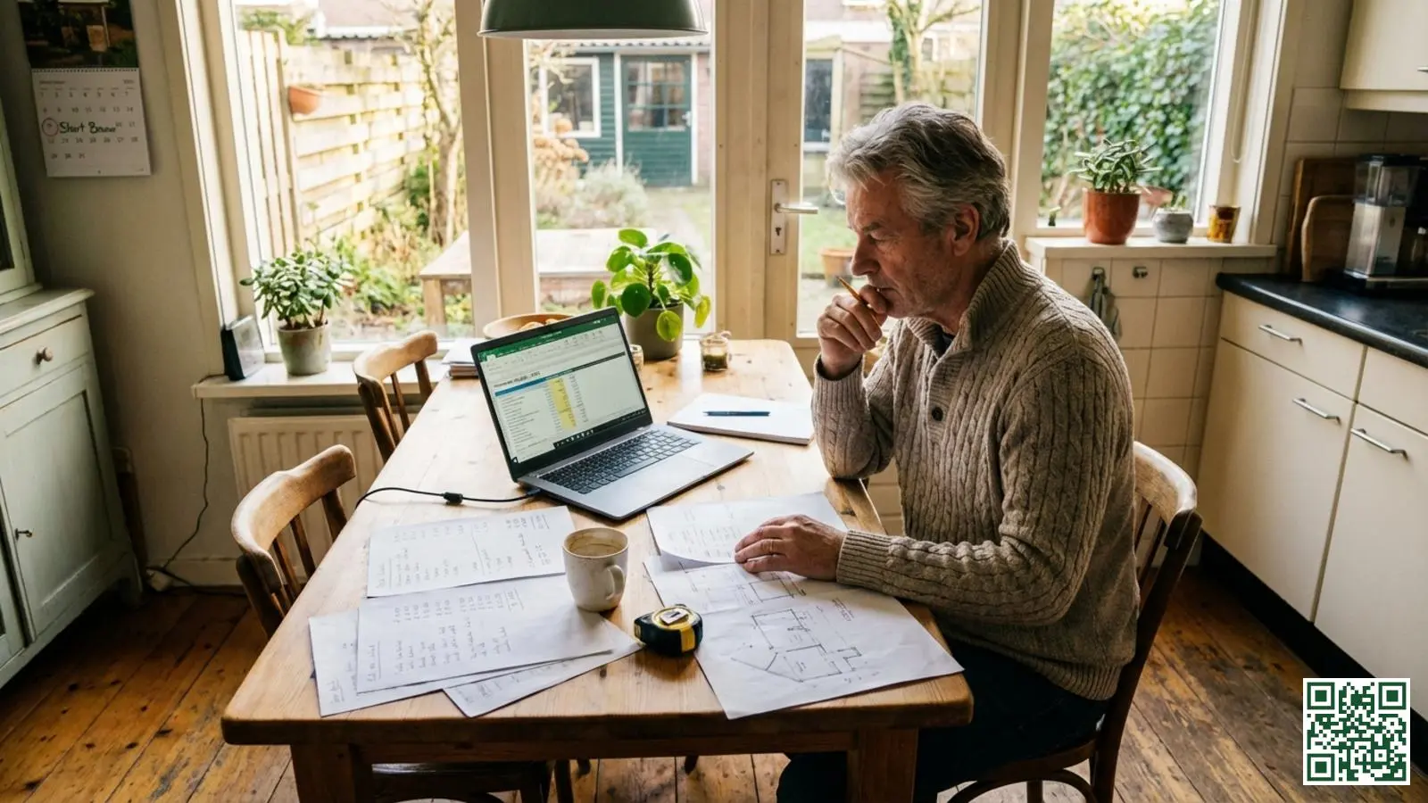 Huiseigenaar plant dakisolatieproject met kostenoverzicht en kalender op de keukentafel