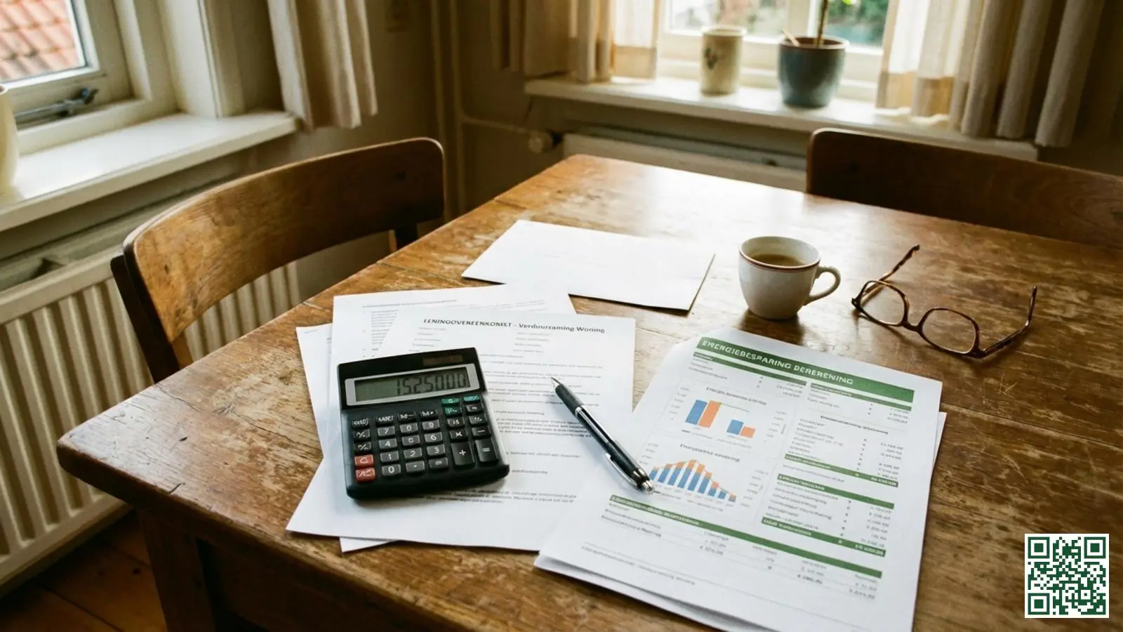 Financieringsdocumenten voor dakisolatie met rekenmachine en leningsvoorwaarden op houten tafel