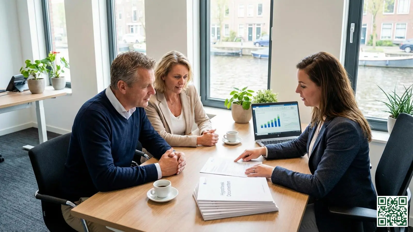 Huiseigenaar overlegt met financieel adviseur over hypotheekverhoging voor dakisolatie in kantoor