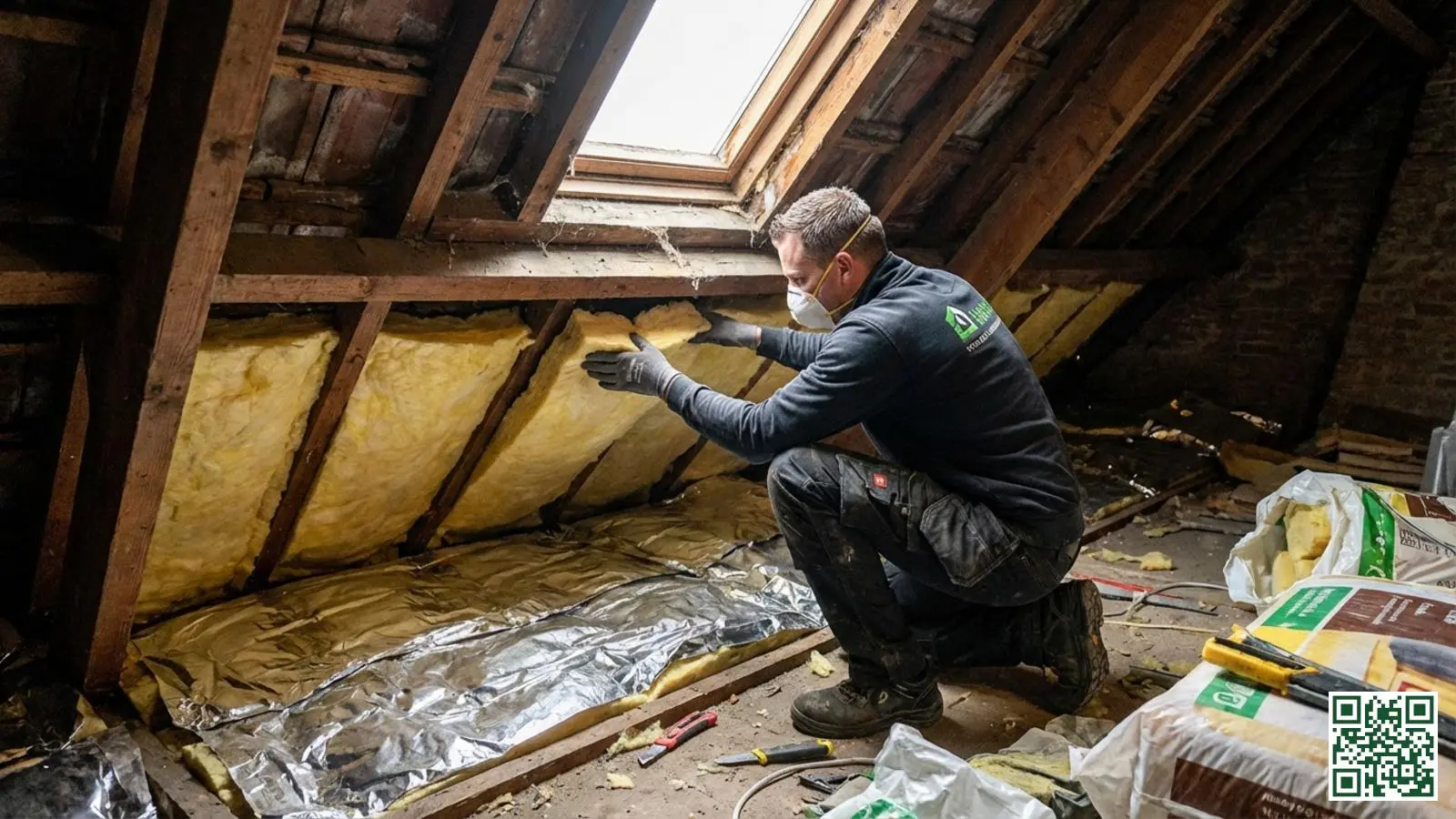 Isolatievakman plaatst minerale wol isolatie tussen de dakspanten in een Nederlandse zolderruimte