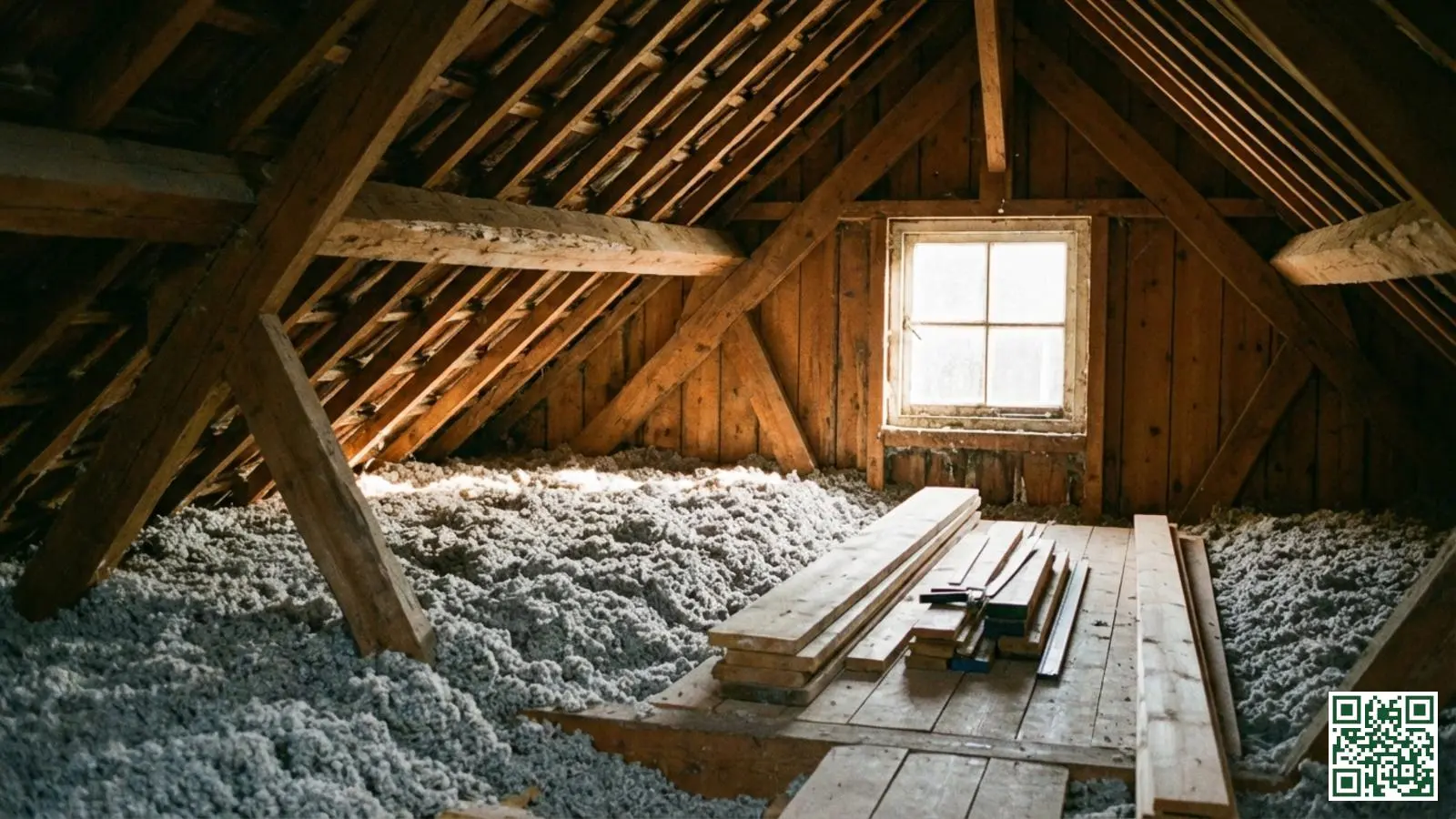 Zolderruimte met grijze cellulose-isolatie aangebracht tussen de houten dakbalken