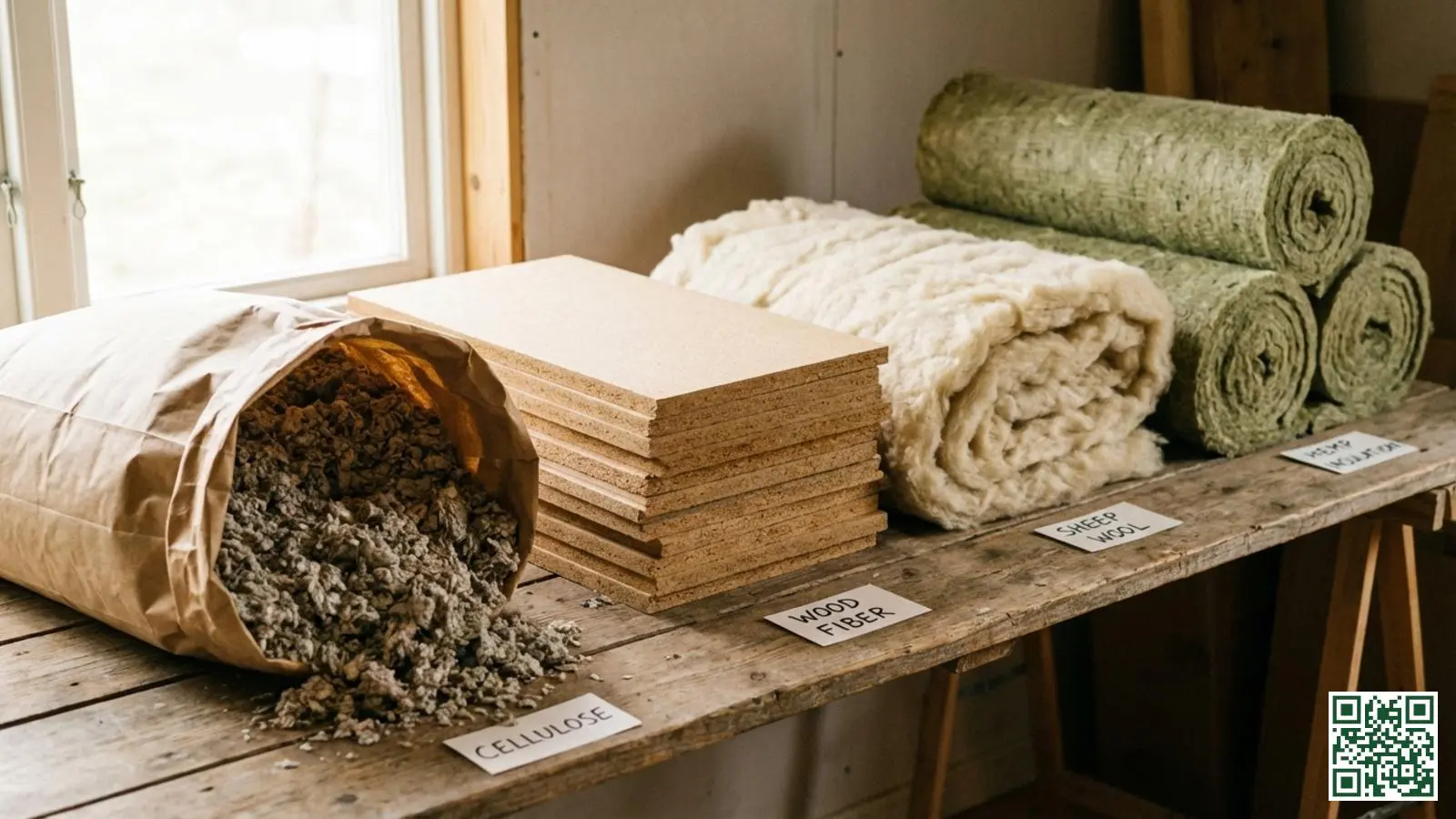 Verschillende ecologische isolatiematerialen naast elkaar waaronder cellulose vlokken houtvezelplaten schapenwol en hennep isolatie