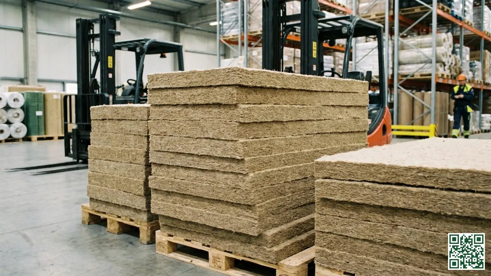 Gestapelde hennepvezel isolatiematten klaar voor gebruik als duurzame dakisolatie in een opslagruimte