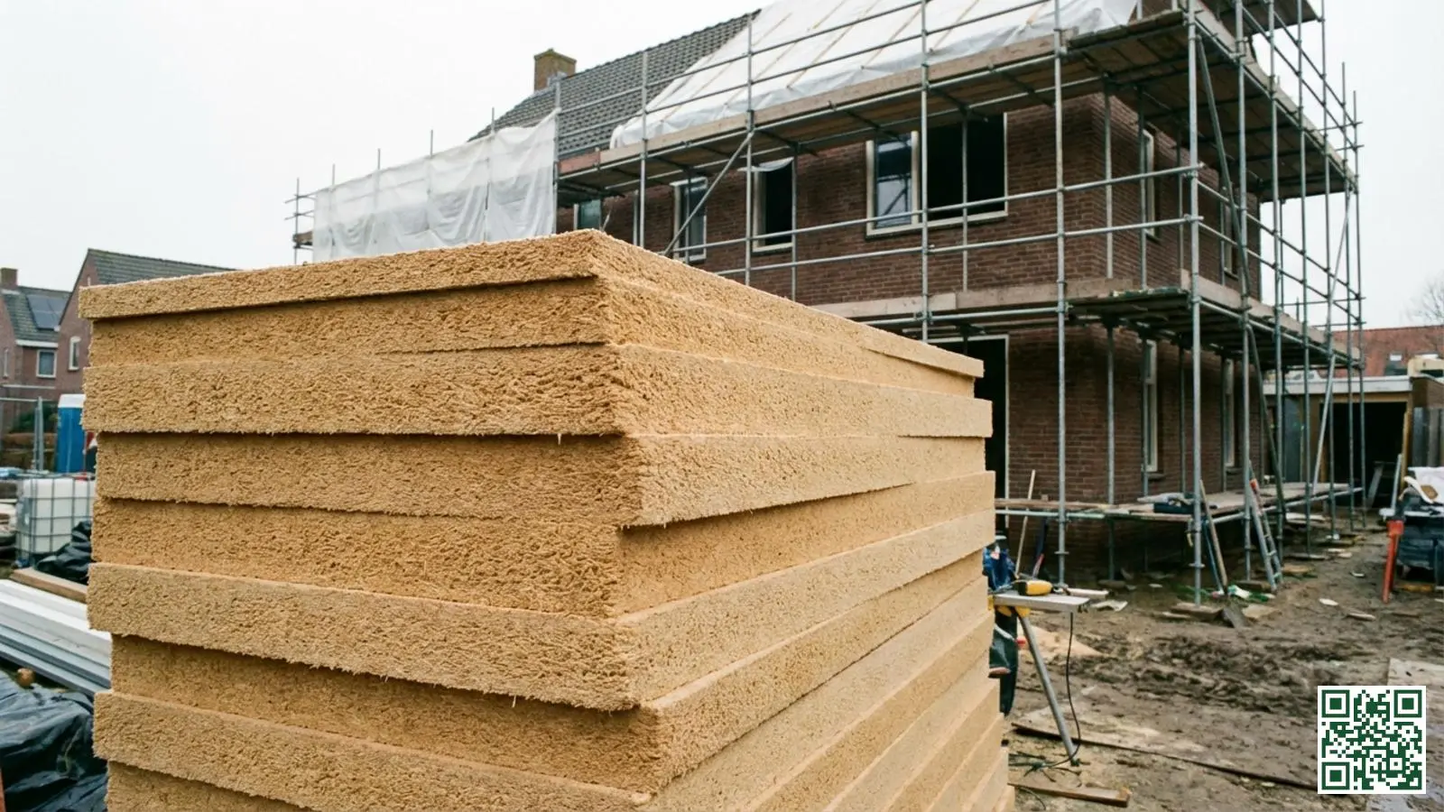 Gestapelde houtvezelplaten voor dakisolatie op een Nederlandse bouwplaats met woning op achtergrond