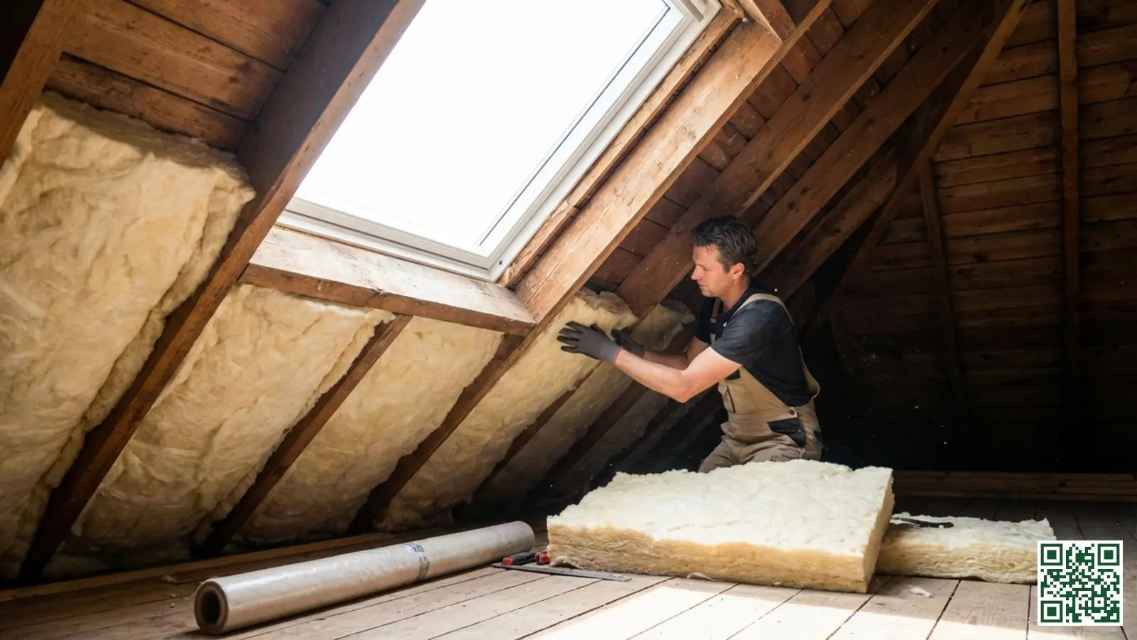 Vakman plaatst schapenwol isolatie tussen houten dakbalken in een Nederlandse zolderruimte