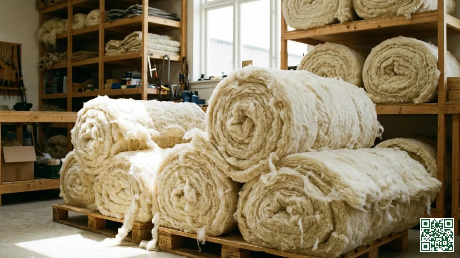 Natuurlijke schapenwol isolatierollen in crèmekleur gestapeld in een werkplaats klaar voor dakisolatie