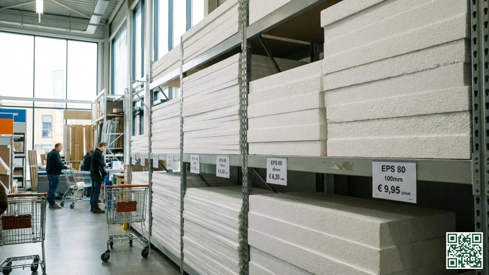 Witte EPS isolatieplaten in verschillende diktes gestapeld op schappen in een Nederlandse bouwmarkt