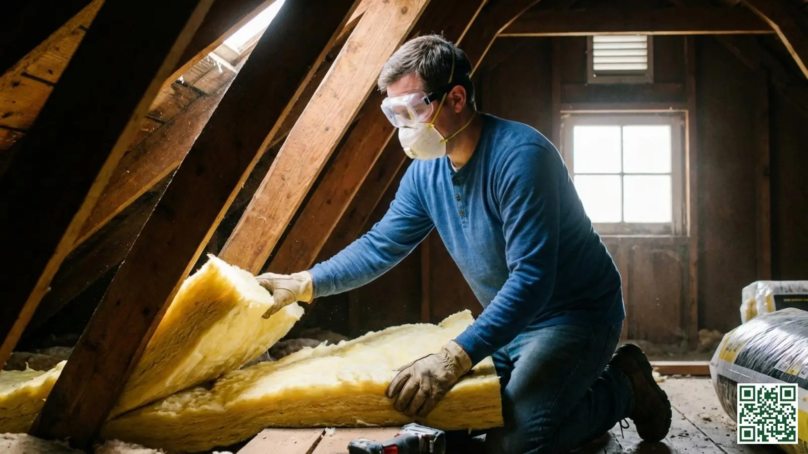 Persoon met stofmasker veiligheidsbril en handschoenen plaatst glaswol isolatie tussen dakbalken