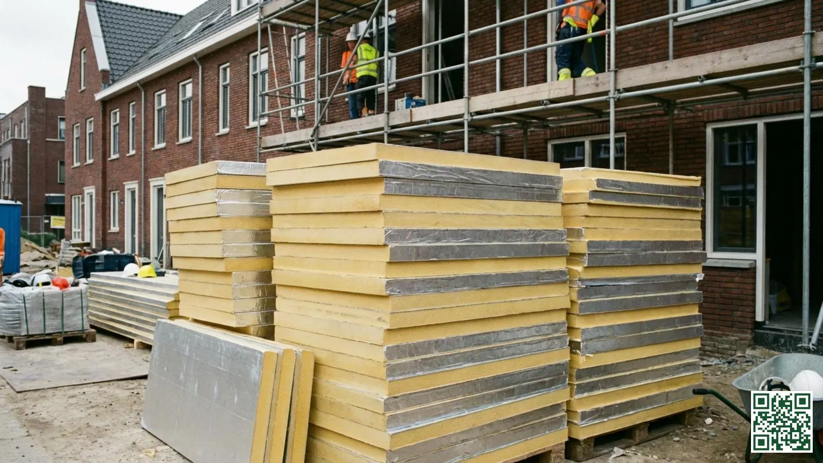 Gestapelde PIR isolatieplaten met zilverkleurige aluminium kaschering op een Nederlandse bouwplaats