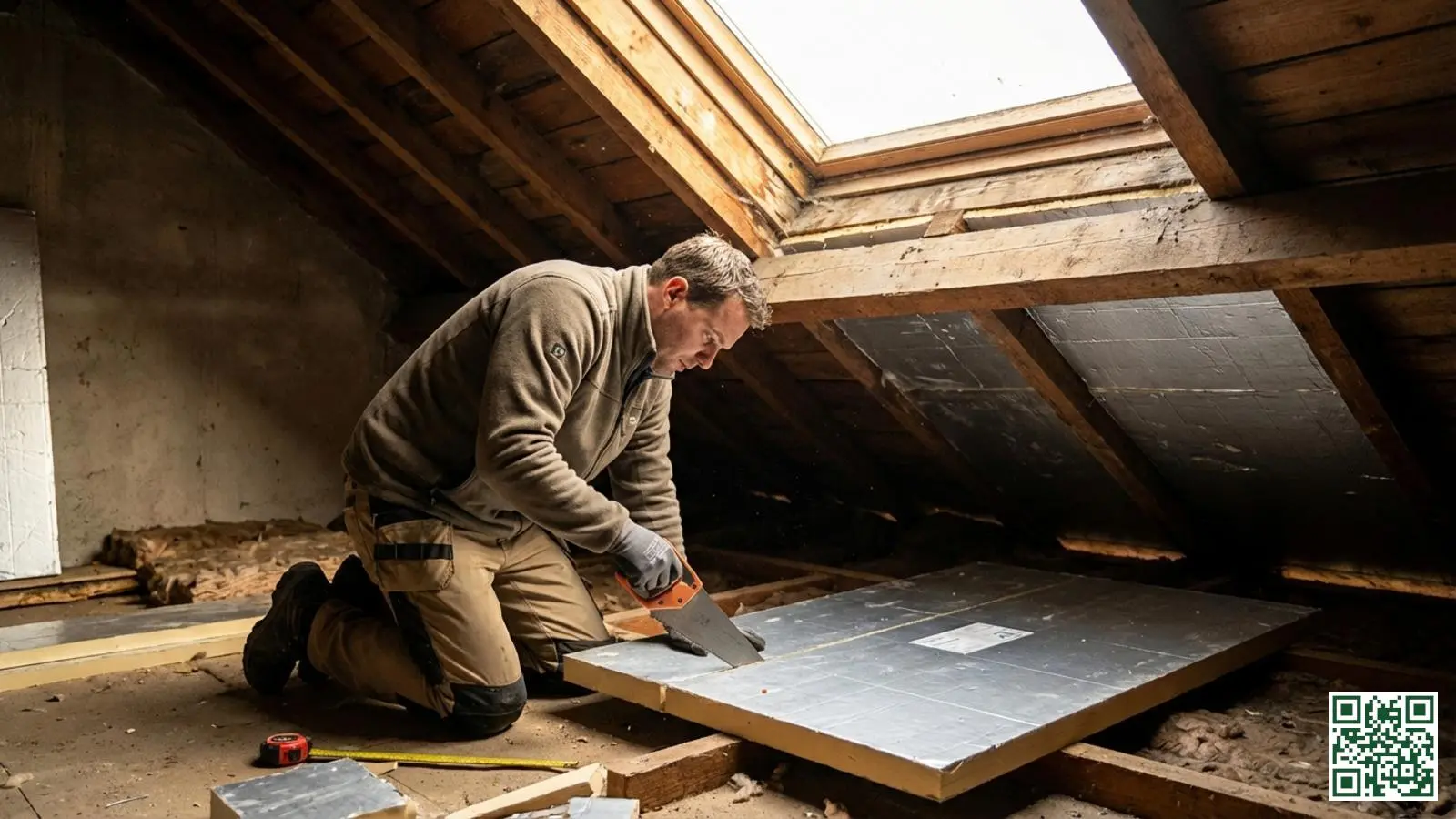 Professionele isolatiemonteur plaatst een PIR isolatieplaat tussen de dakbalken van een Nederlandse zolder