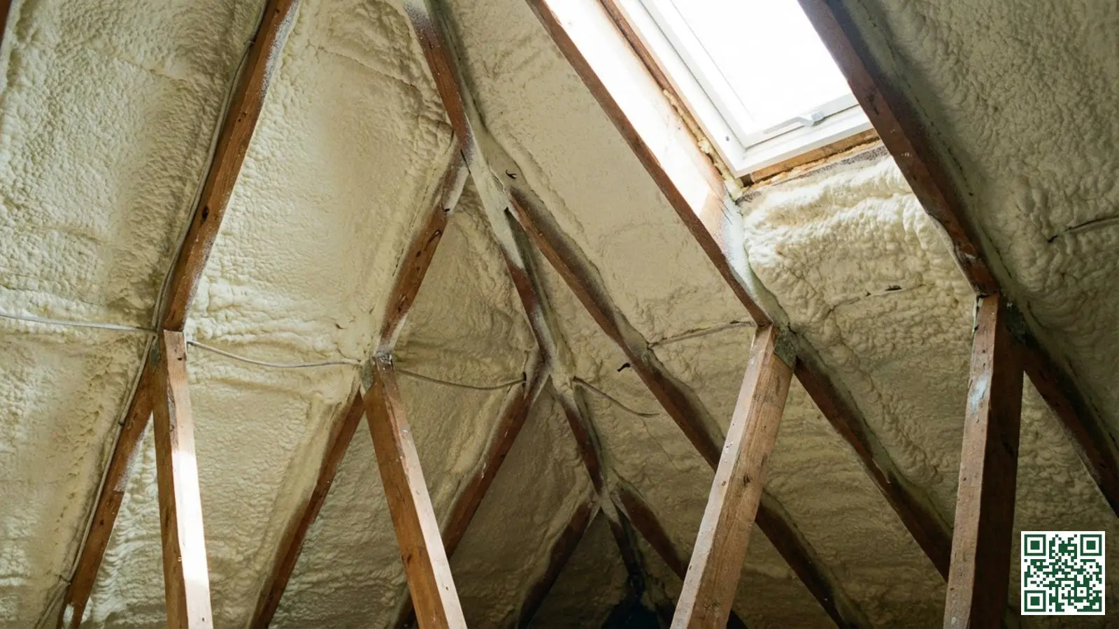 Vers aangebracht PUR schuim isolatie vult naadloos de ruimte tussen dakbalken en rond lastige hoeken in een zolderruimte