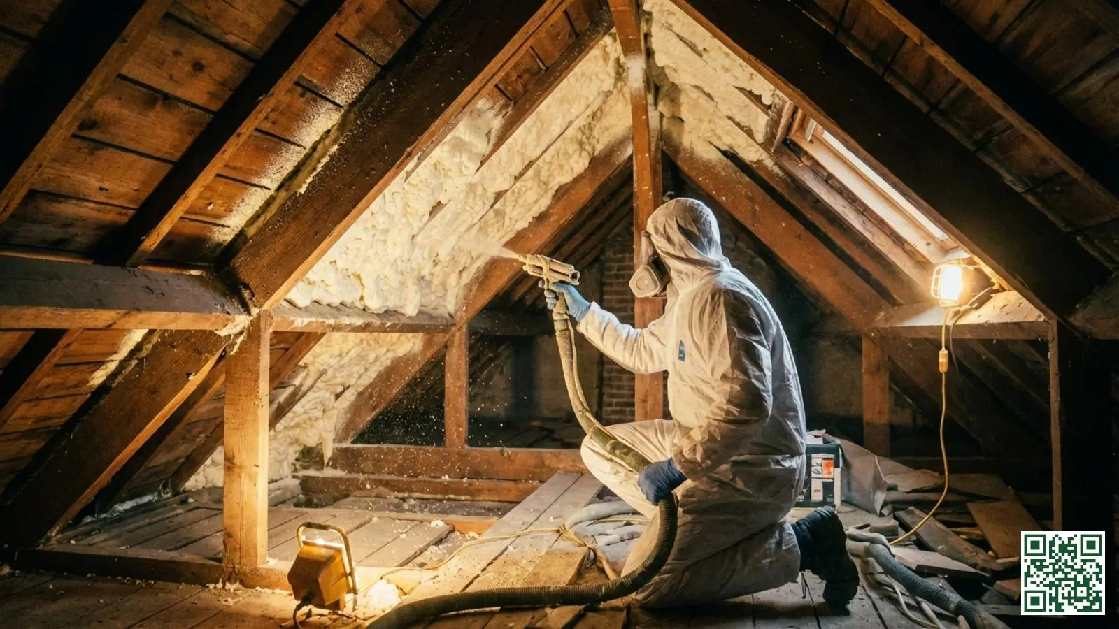Professionele installateur spuit PUR schuim isolatie tegen de onderkant van een houten dakconstructie in een Nederlandse zolderruimte