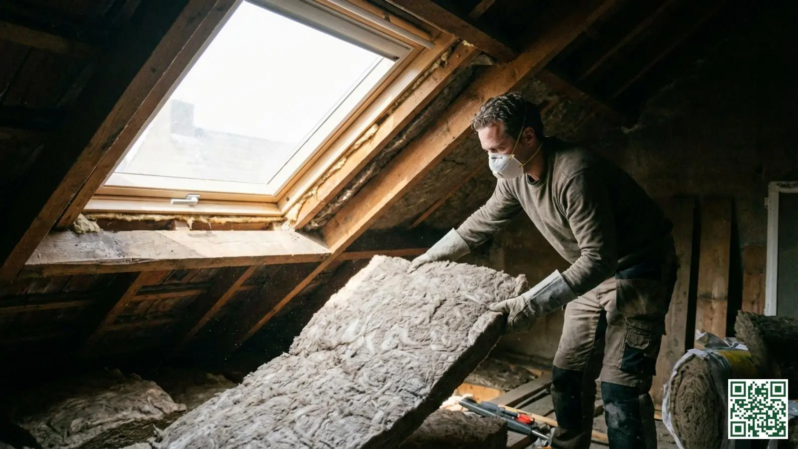 Vakman installeert steenwol isolatie tussen de houten dakspanten van een Nederlandse zolder