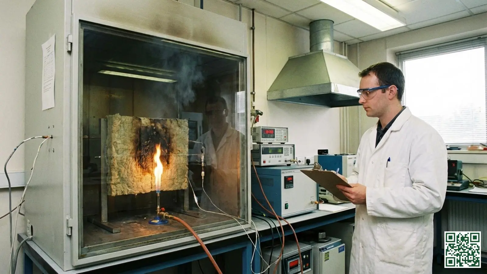 Brandveiligheidstest van minerale wol isolatie toont de onbrandbaarheid van het materiaal in laboratoriumomgeving