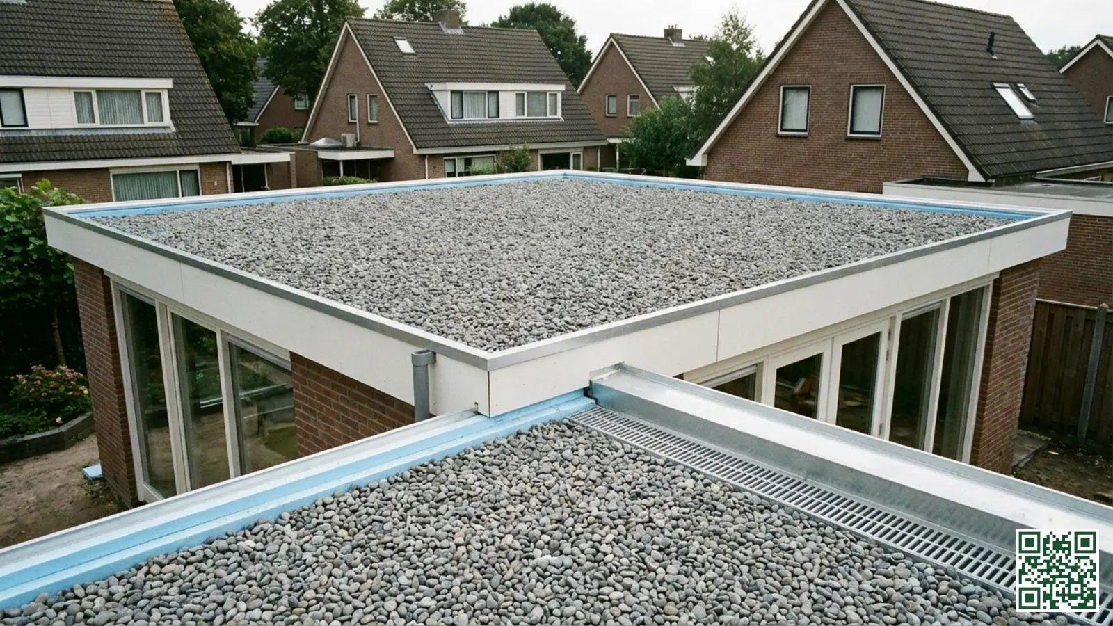 Afgewerkt omgekeerd plat dak met grindballastlaag bovenop XPS isolatie bij Nederlandse aanbouw