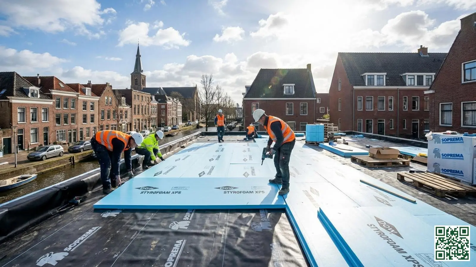 Installatie van XPS isolatieplaten op een plat dak bovenop de waterdichte dakbedekking