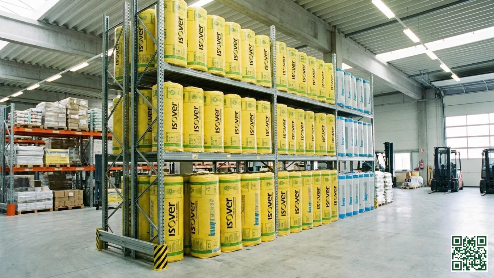 Gestapelde rollen glaswol dakisolatie in een bouwmaterialen magazijn met industriele stellingen