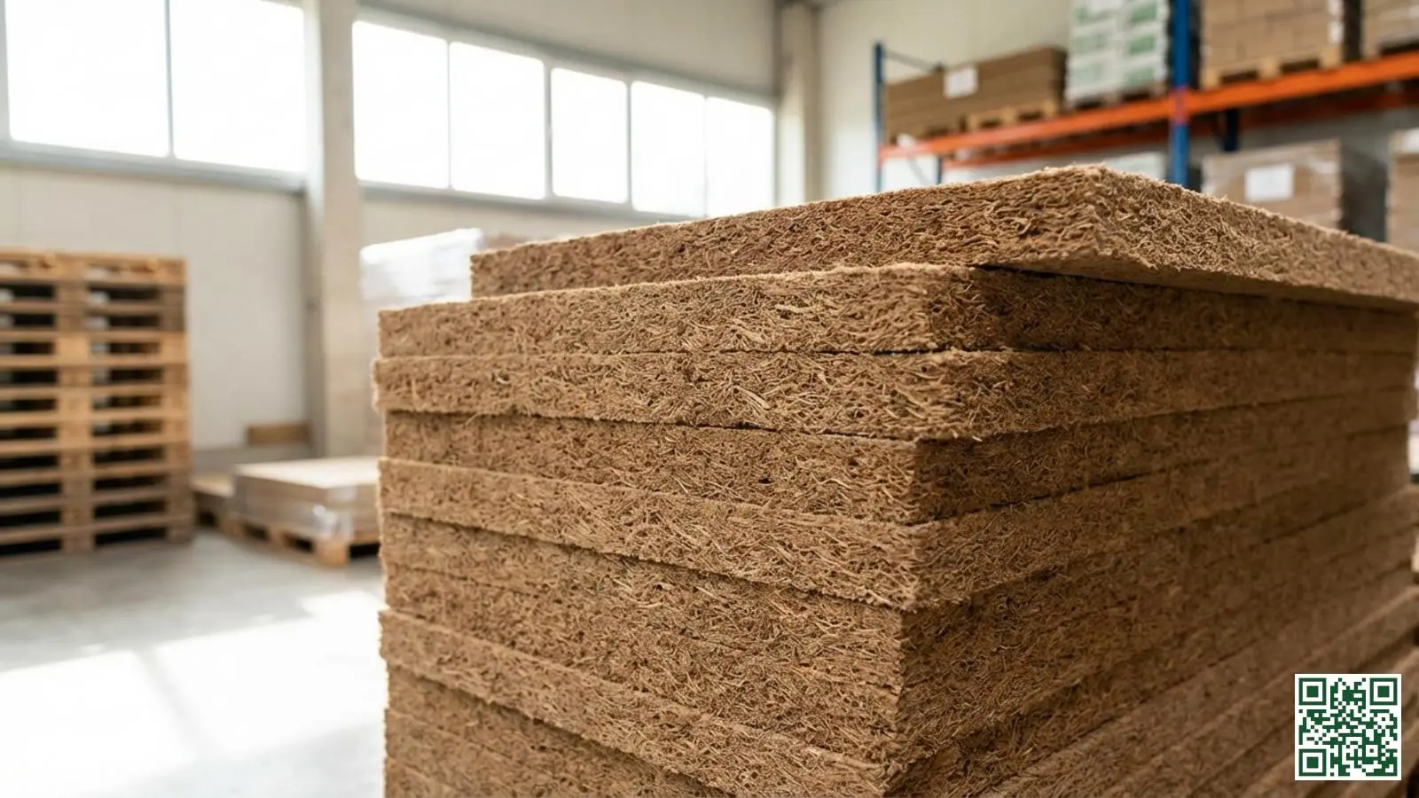Gestapelde houtvezel isolatieplaten met natuurlijke bruine kleur en zichtbare vezelstructuur